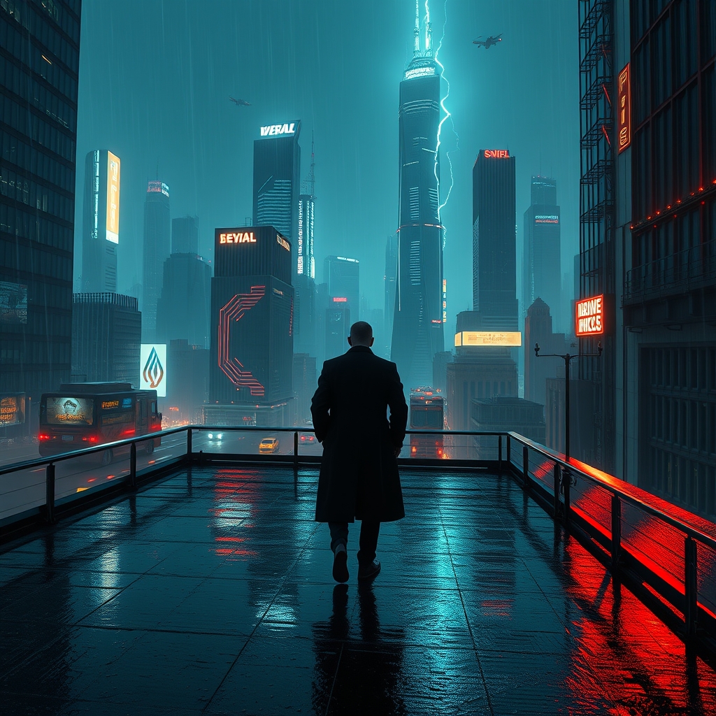 Cinematic cyberpunk city rooftop scene with neon skyscrapers and a lone figure