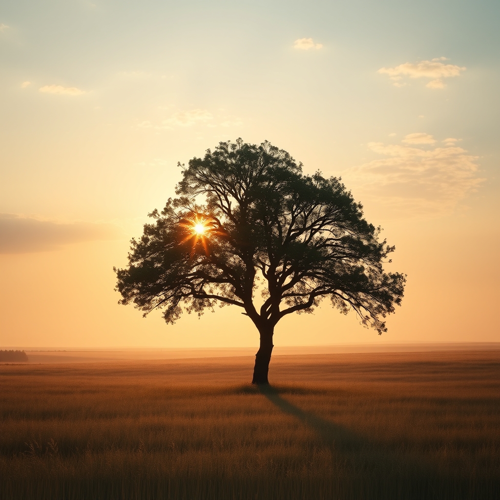 Peaceful sunrise field with a lone tree subtly shaped like a golden ratio spiral