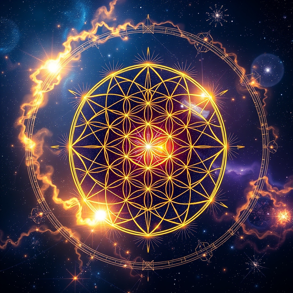 Glowing sacred geometry pattern floating in a cosmic universe with radiant symmetry