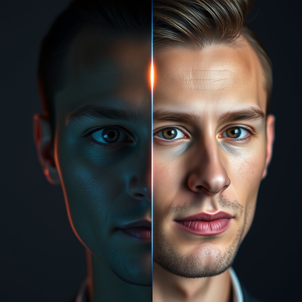Split-screen portrait advertising image showing a premium AI enhancement transformation