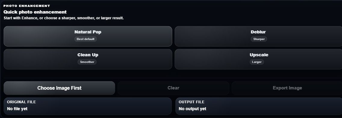 Quick Photo Fix controls showing Natural Pop, Deblur, Clean Up, and Upscale presets, with no image loaded