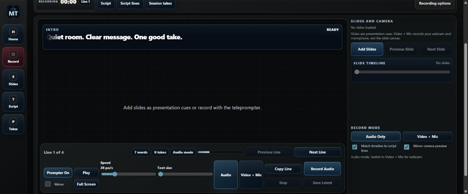 MikeSullyTools Voiceover Recorder with the first example line in the teleprompter, Audio mode selected, and Record Audio ready