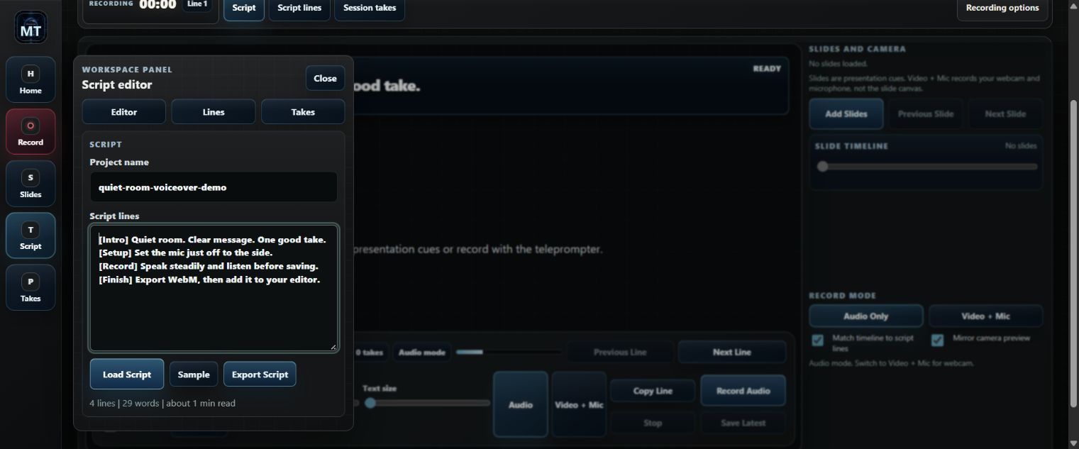 MikeSullyTools Voiceover Recorder script editor showing the original four-line quiet-room example and project name