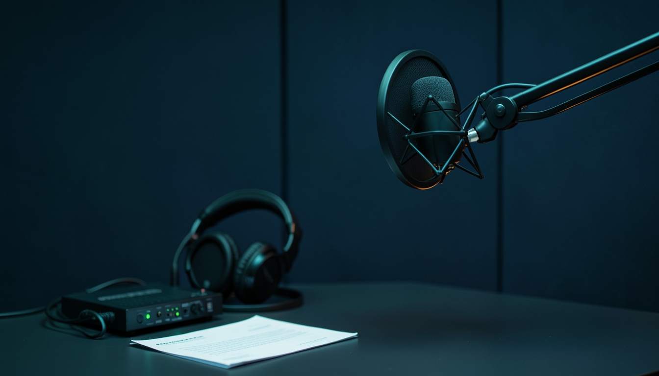 AI-generated voiceover booth with a microphone on a boom arm, headphones, audio interface, and script sheet