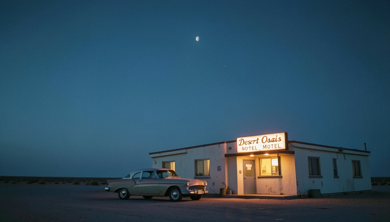 Archived AI-generated scene of a vintage car outside a desert motel under a blue-hour sky.