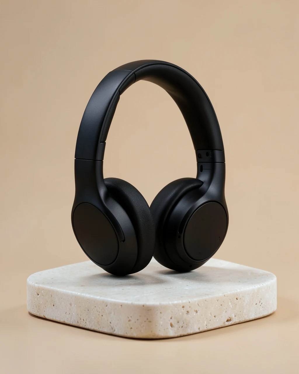 Recorded Product-style output: matte-black wireless headphones on a pale pedestal against a warm neutral background.
