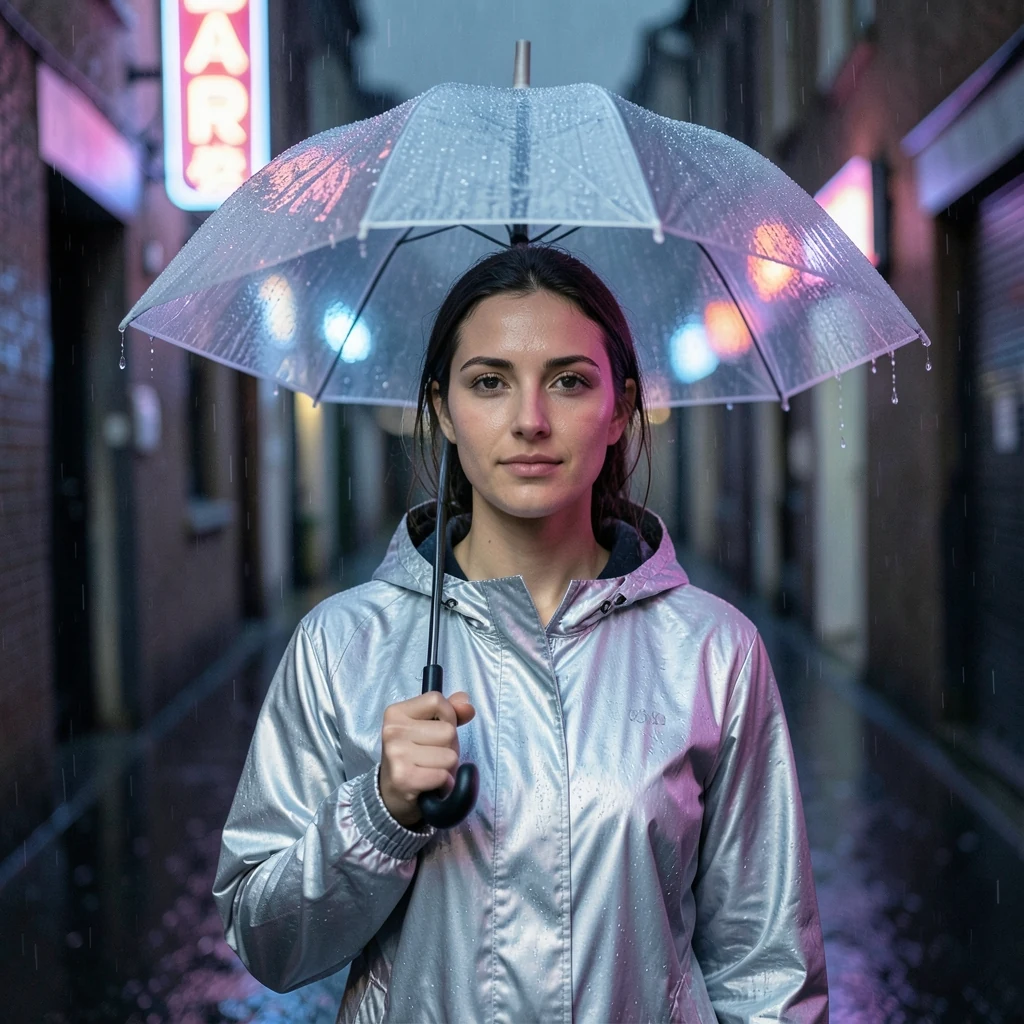 Recorded realistic portrait output: one person in a silver rain jacket beneath a transparent umbrella, with a softly blurred neon background.