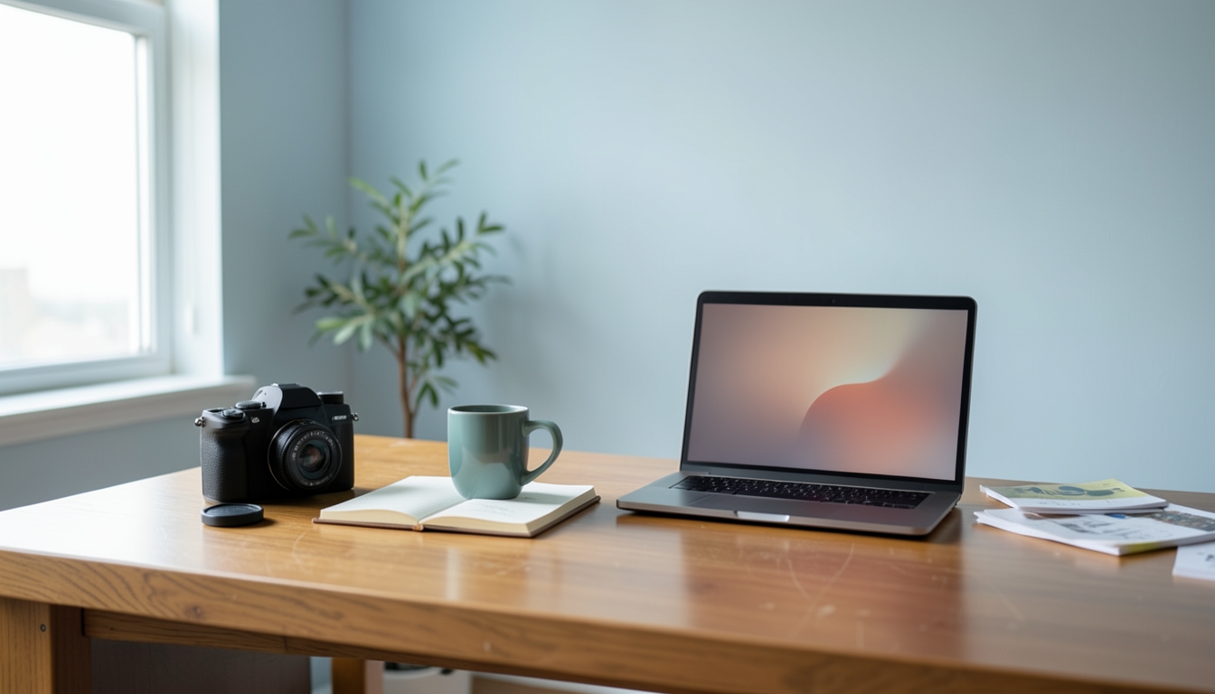 Camera, teal mug and open notebook beside a laptop on a sunlit wooden desk, with a plant against a pale blue wall.