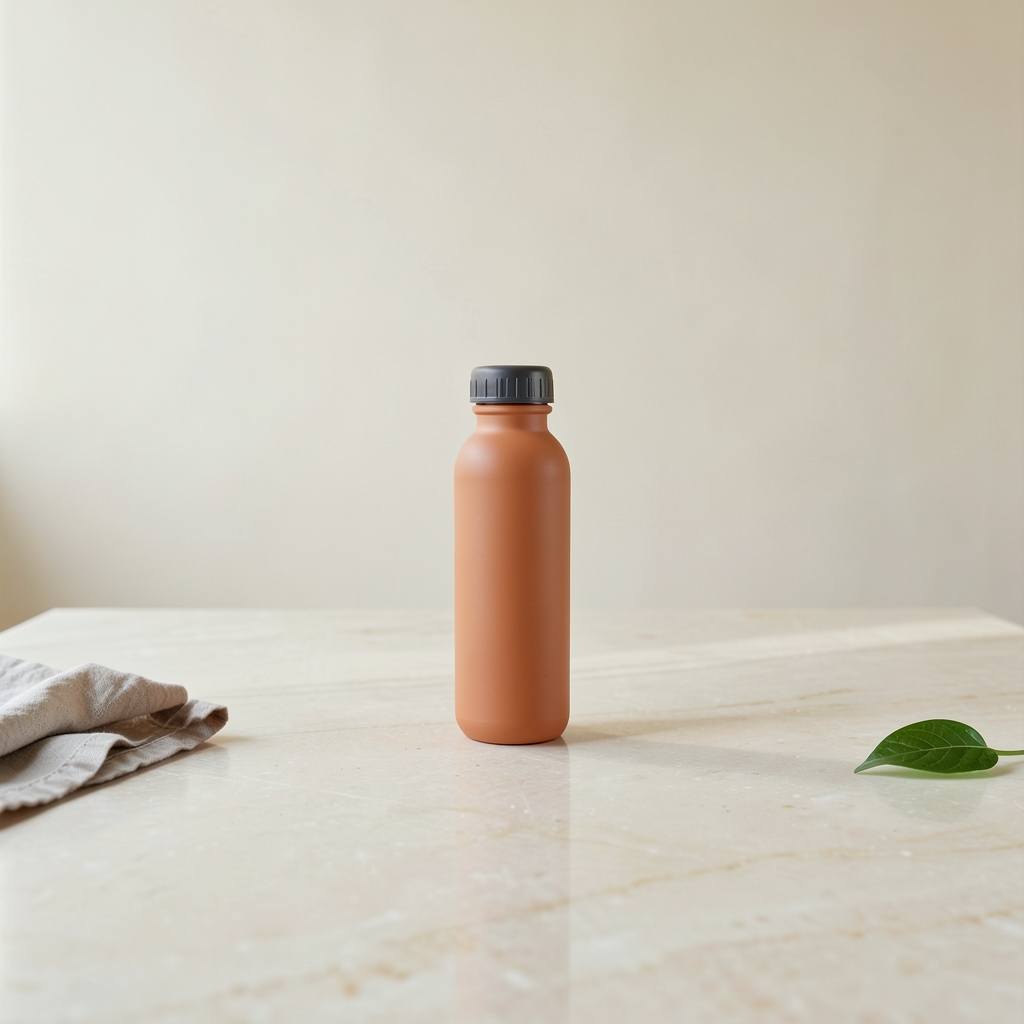 A small terracotta bottle with a black cap, centered against a cream wall on pale stone, shown in a 16:9 display crop.