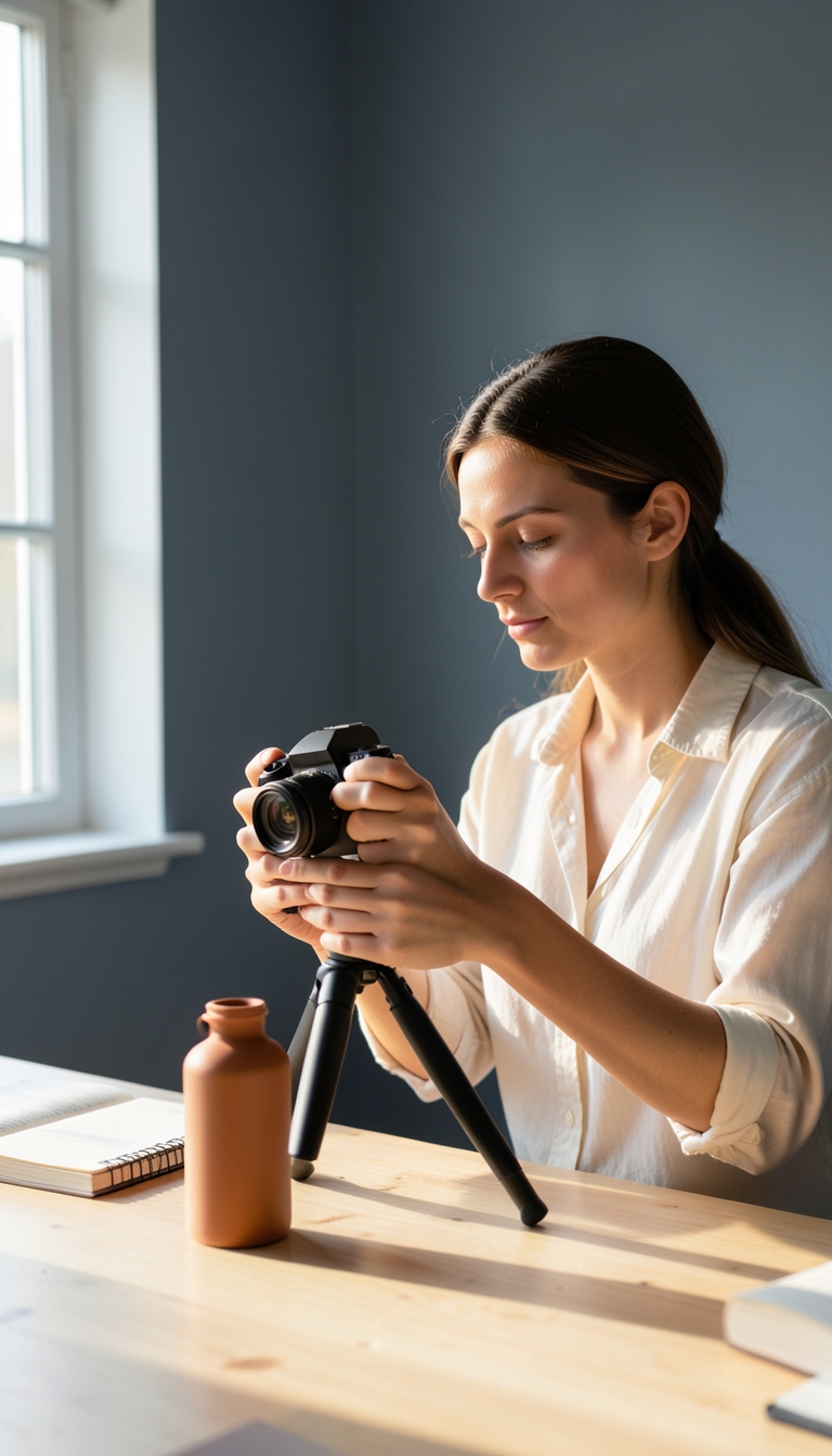 Woman in an ivory shirt adjusting a camera on a tabletop tripod beside a terracotta bottle in a sunlit studio.
