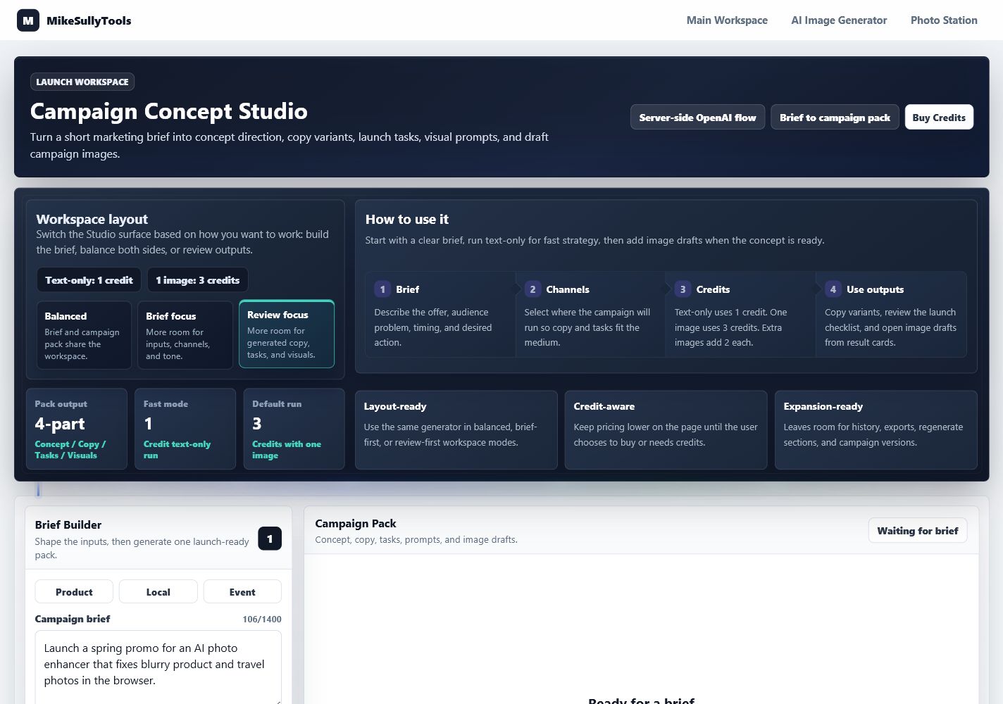 Campaign Studio control room and layout mode controls