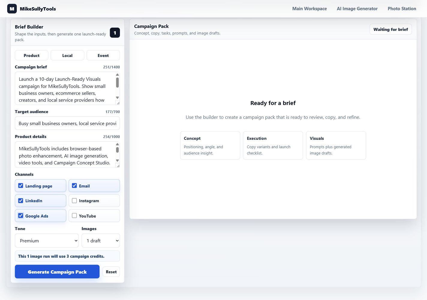 Brief Builder filled with campaign launch details
