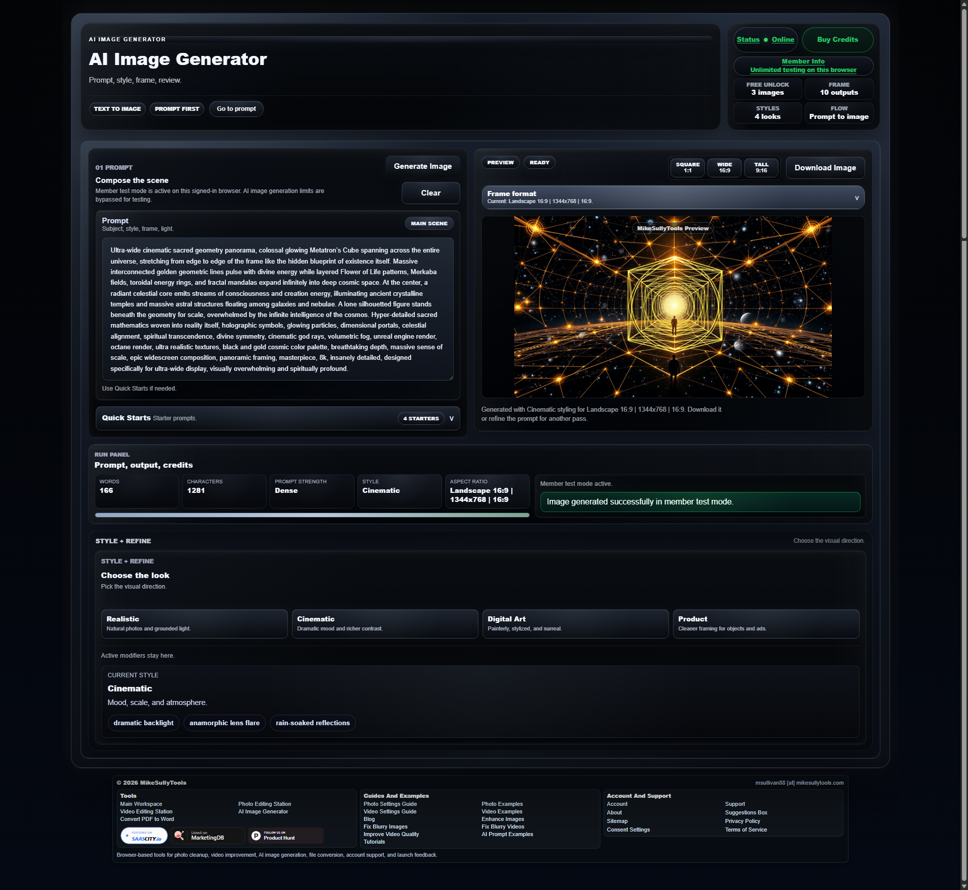 AI Image Generator interface showing the Metatron's Cube prompt and generated preview