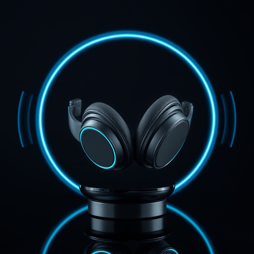 Premium wireless headphones floating over black reflective glass for ecommerce product photography