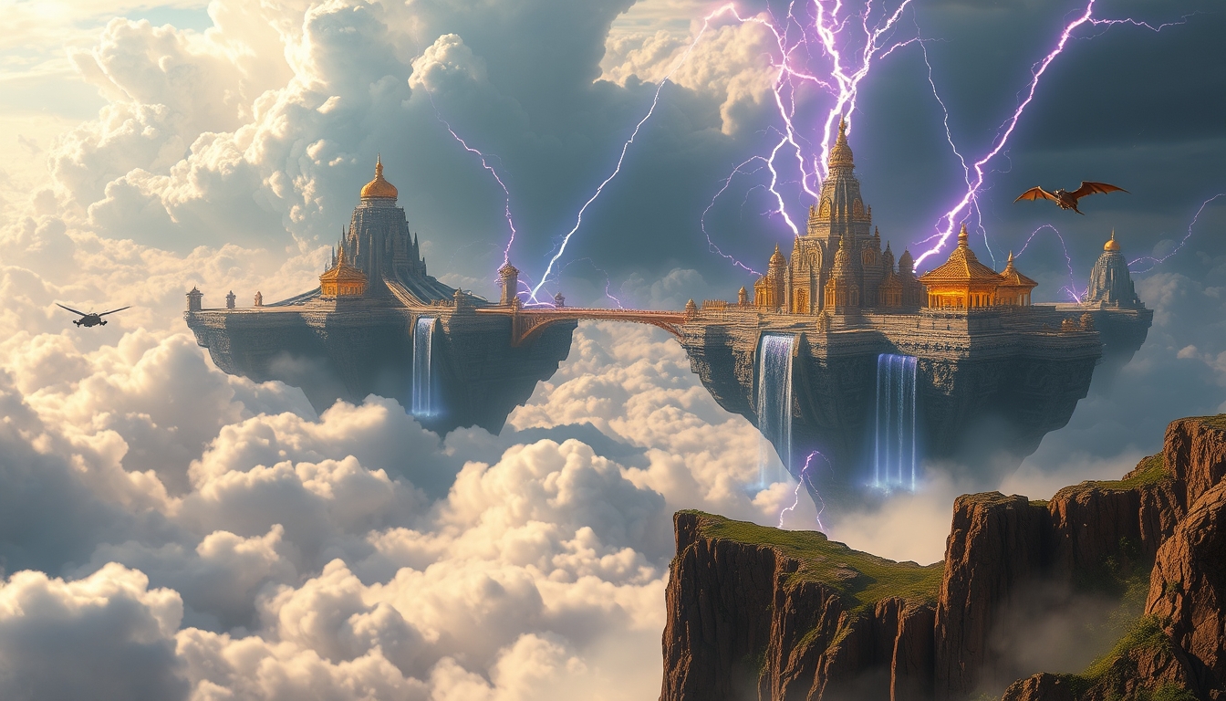 Ancient floating fantasy kingdom above clouds with crystal mountains, waterfalls, and dragons
