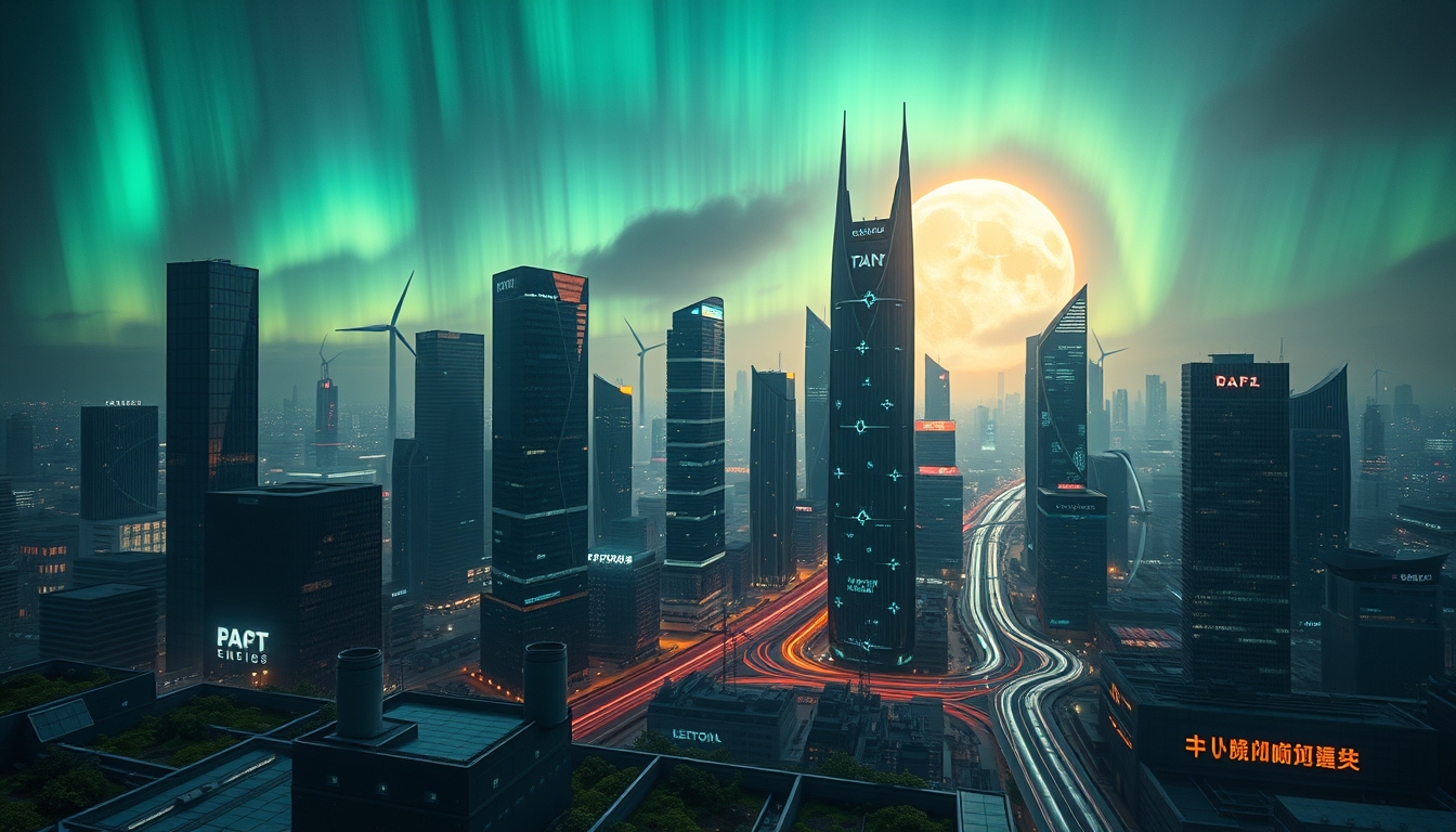 Clean energy futuristic city under an aurora for a luxury technology brand campaign