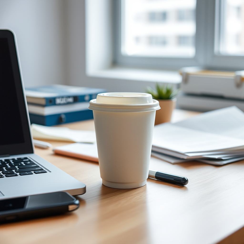Basic source photo of a coffee cup on a desk before product enhancement