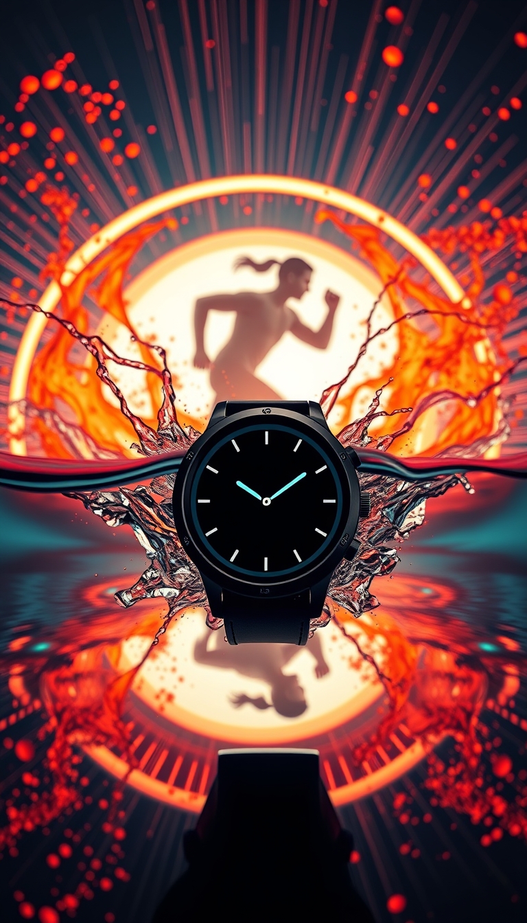 Fitness smartwatch bursting through vibrant energy particles for a social media ad