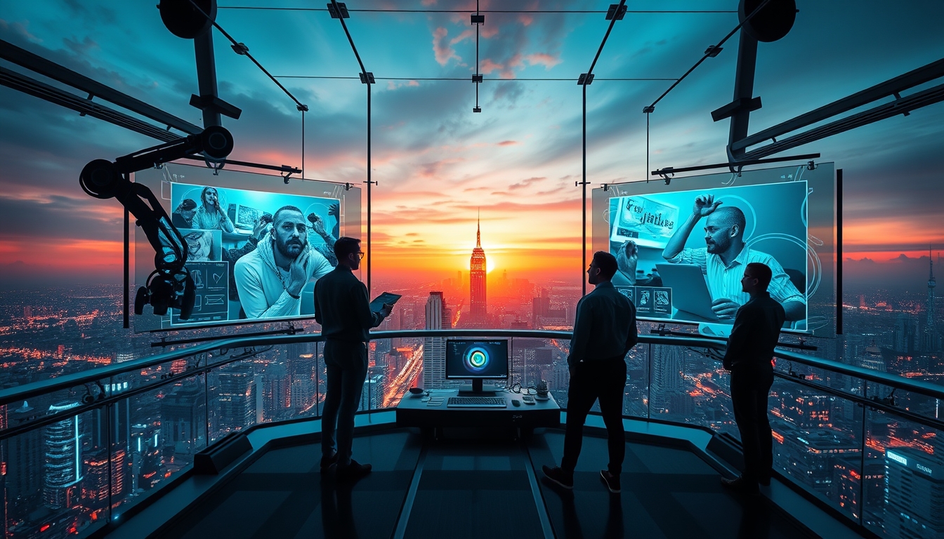 Futuristic AI creative studio overlooking a neon-lit city at sunrise for a website hero banner