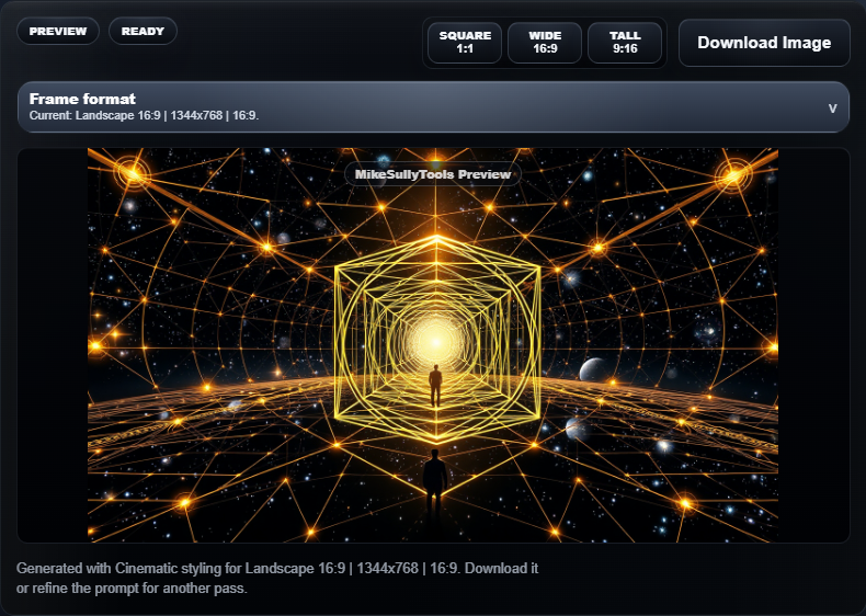 Cropped view of frame format controls, preview status pills, and Download Image