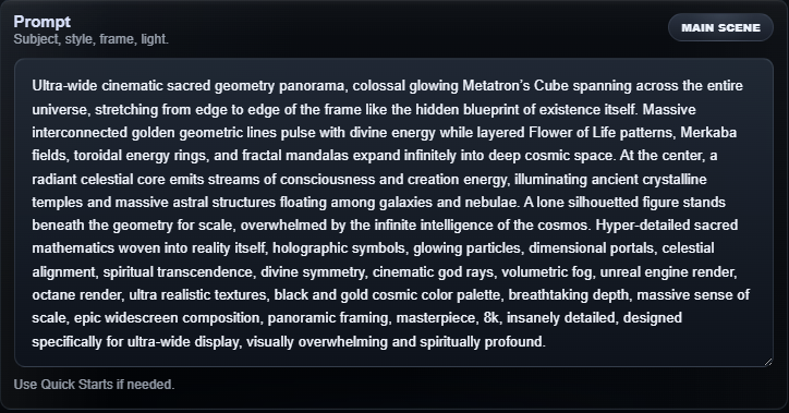 Current AI Image Generator main prompt textarea labeled Prompt and Main Scene with subject, style, frame, light helper text