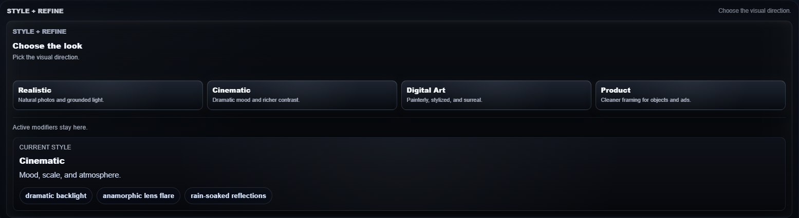 Cropped view of Style plus Refine controls with Realistic, Cinematic, Digital Art, Product, and current style modifiers