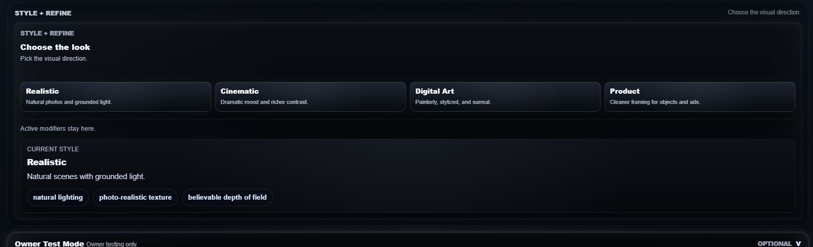 Style + Refine panel with realistic, cinematic, digital art, and product style chips.