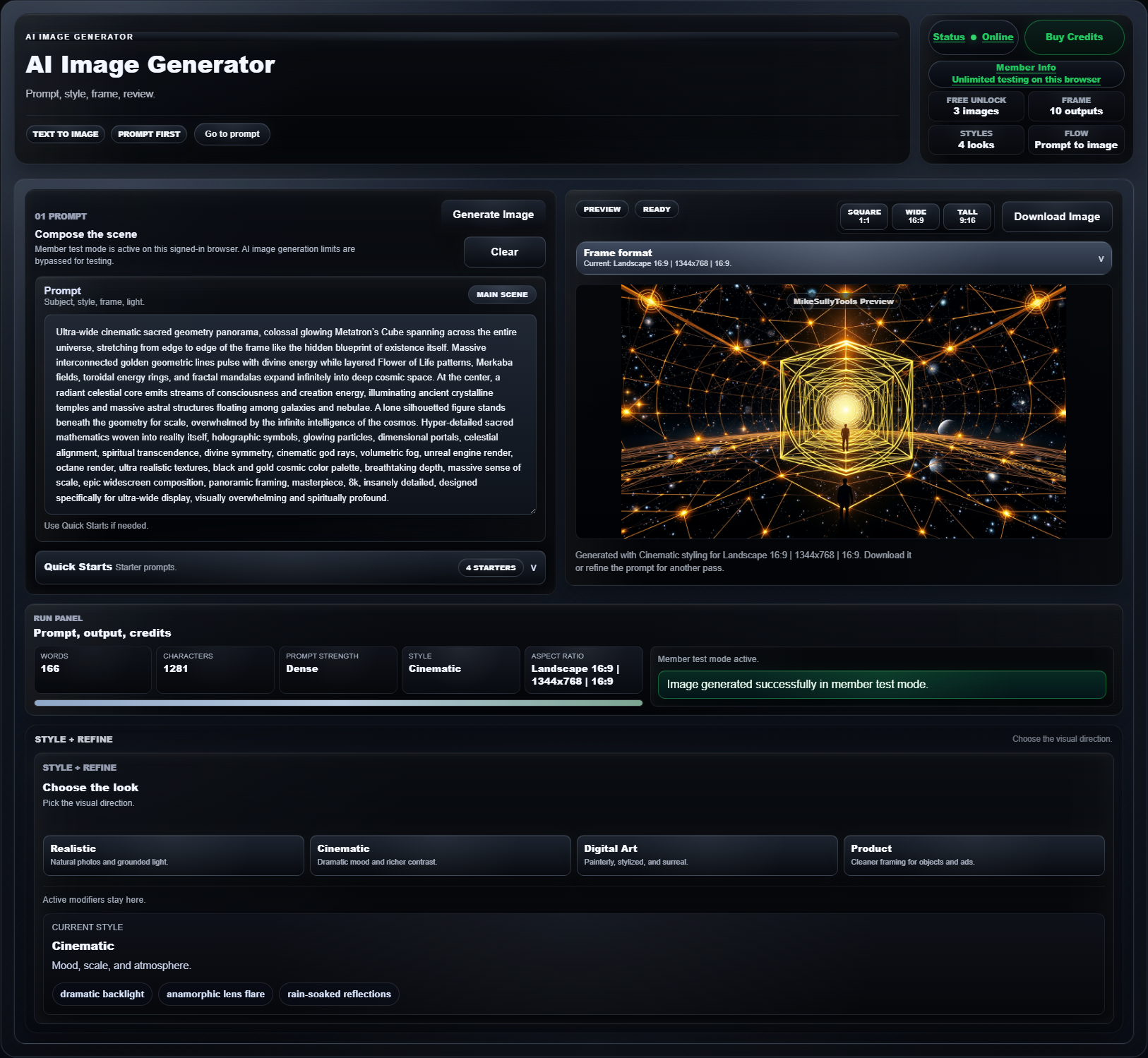 Current MikeSullyTools AI Image Generator with prompt composer, generated preview, frame format controls, run panel, style controls, credits, and account access
