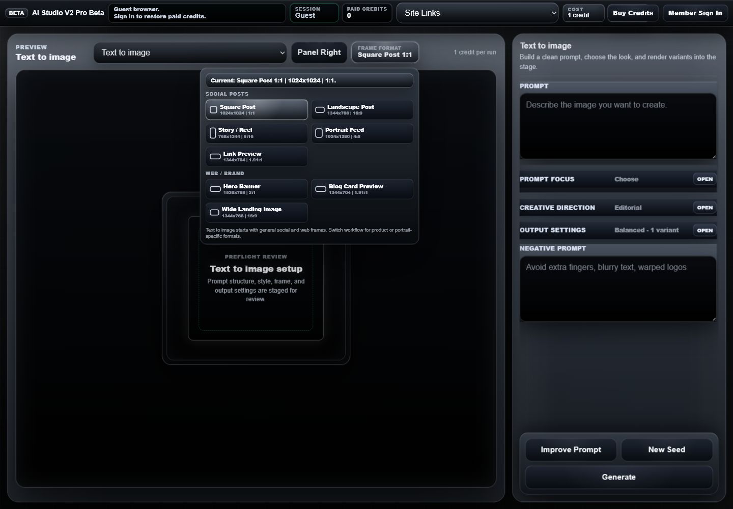AI Studio V2 Pro Beta Frame Format menu open with Social Posts and Web Brand groups plus square, landscape, story, portrait feed, link preview, hero banner, blog card, and wide landing sizes