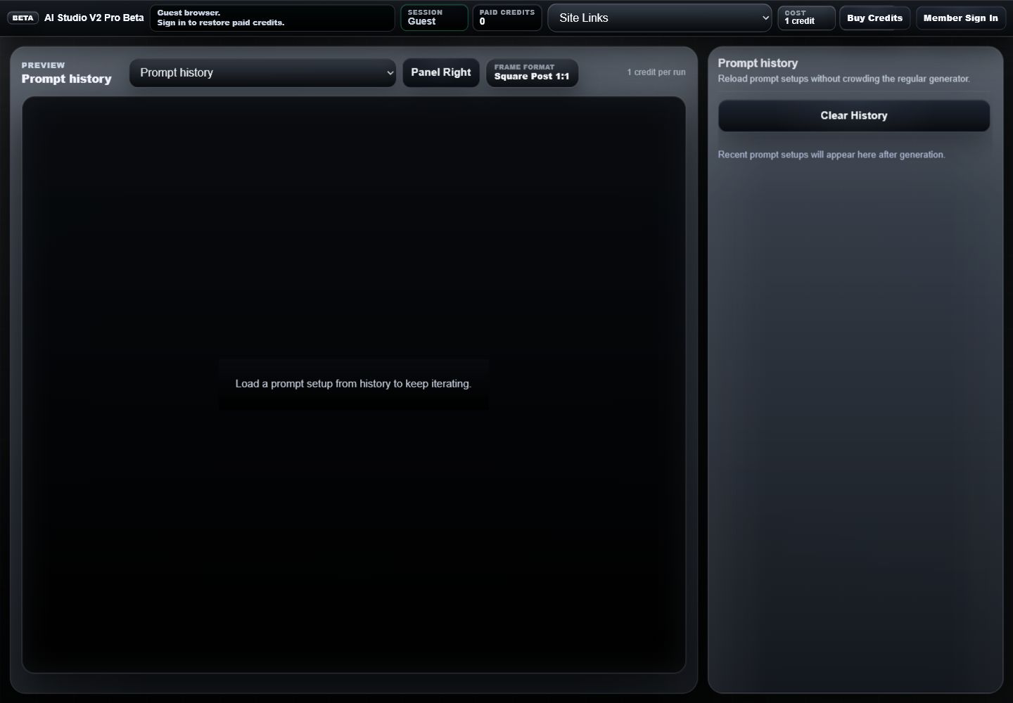 AI Studio V2 Pro Beta Prompt history mode with Clear History, empty recent prompt setup message, and stage prompt to load a setup from history