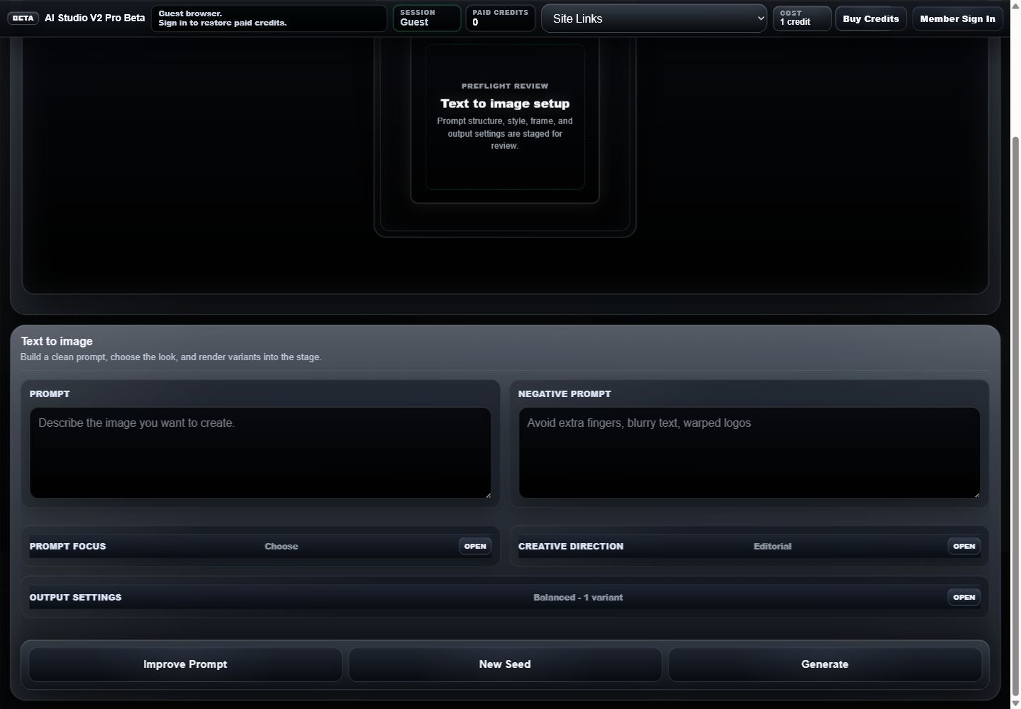 AI Studio V2 Pro Beta Panel Bottom view with prompt, negative prompt, prompt focus, creative direction, output settings, Improve Prompt, New Seed, and Generate