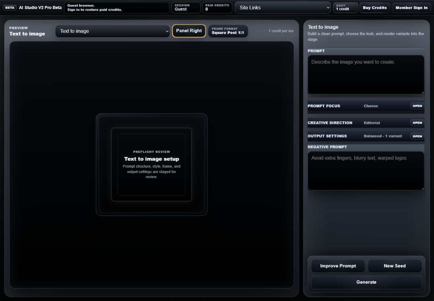 AI Studio V2 Pro Beta Panel Right view with preview stage on the left and selected options on the right