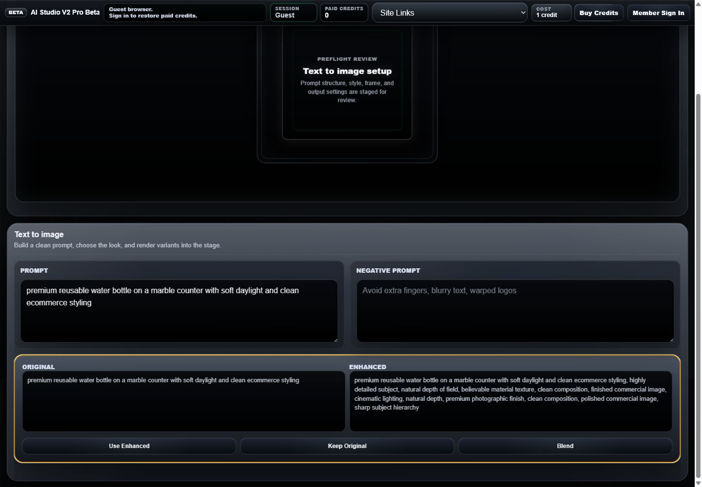 AI Studio V2 Pro Beta prompt enhancer review showing prompt text, original prompt, enhanced prompt, Use Enhanced, Keep Original, and Blend