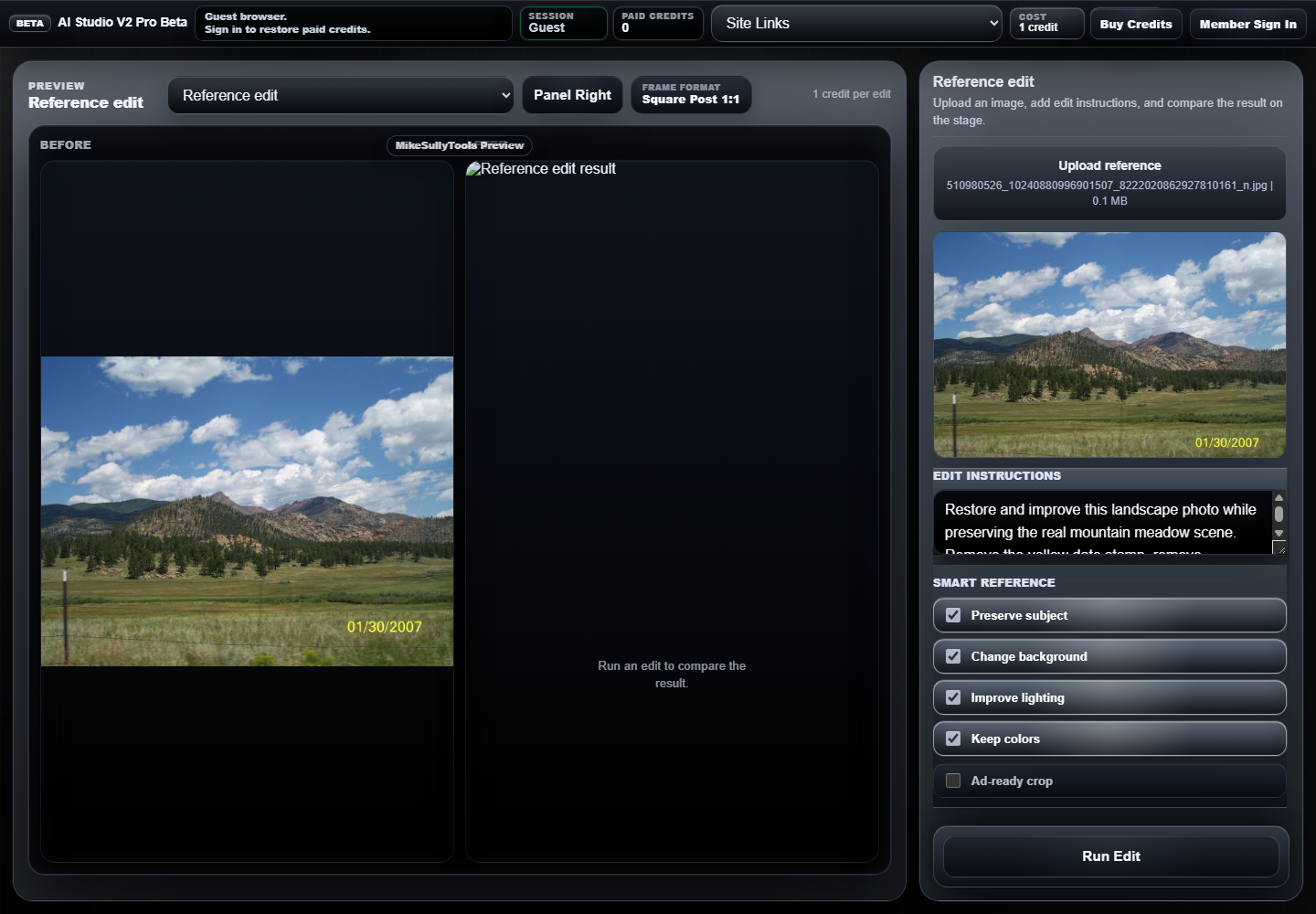 AI Studio V2 Pro Beta Reference edit mode with uploaded reference image, before and after stage, edit instructions, smart reference toggles, and Run Edit