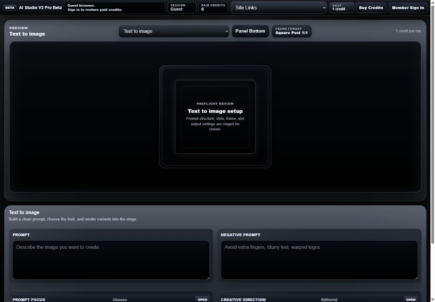 AI Studio V2 Pro Beta top stage view with guest header, paid credits, Site Links, Buy Credits, Member Sign In, mode selector, Panel Bottom, frame format, preflight review, prompt, and negative prompt