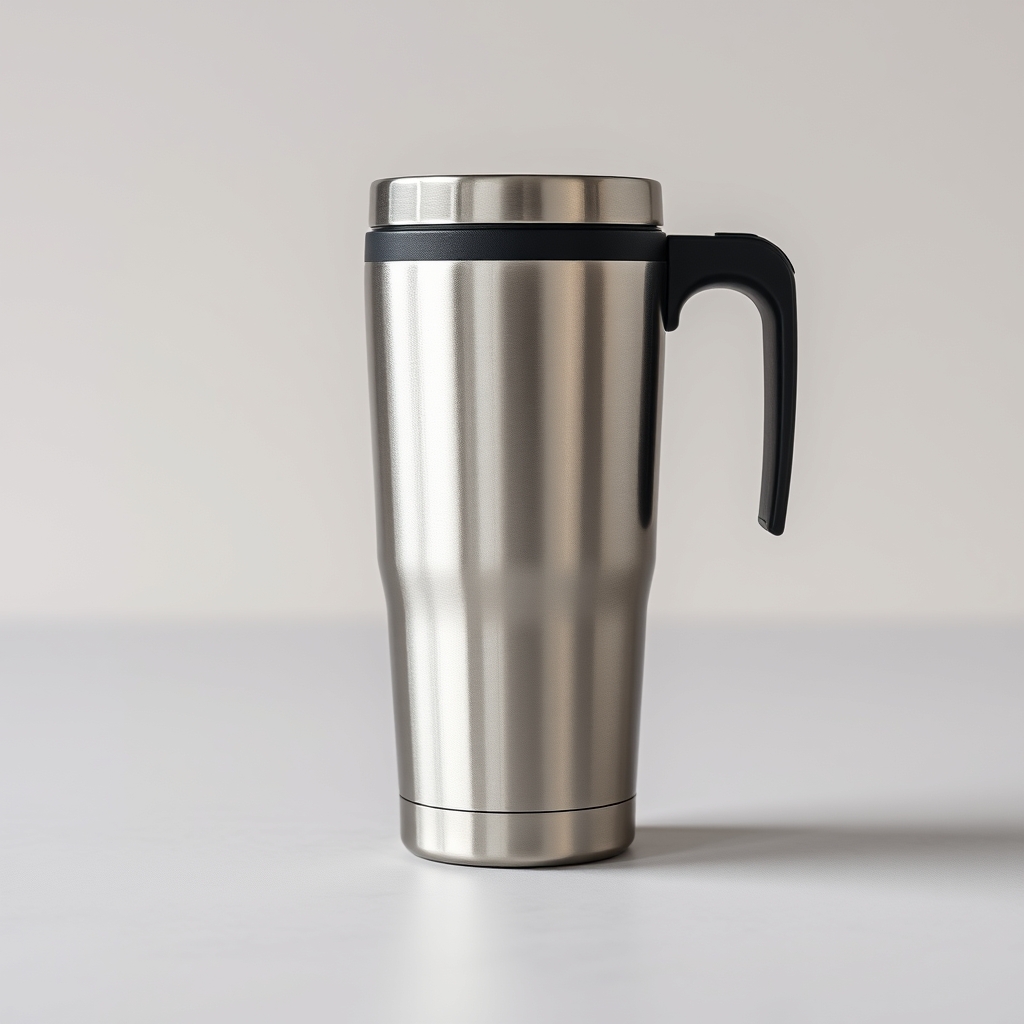AI Studio V2 Pro product shot workflow result showing a polished insulated travel mug on a clean studio surface