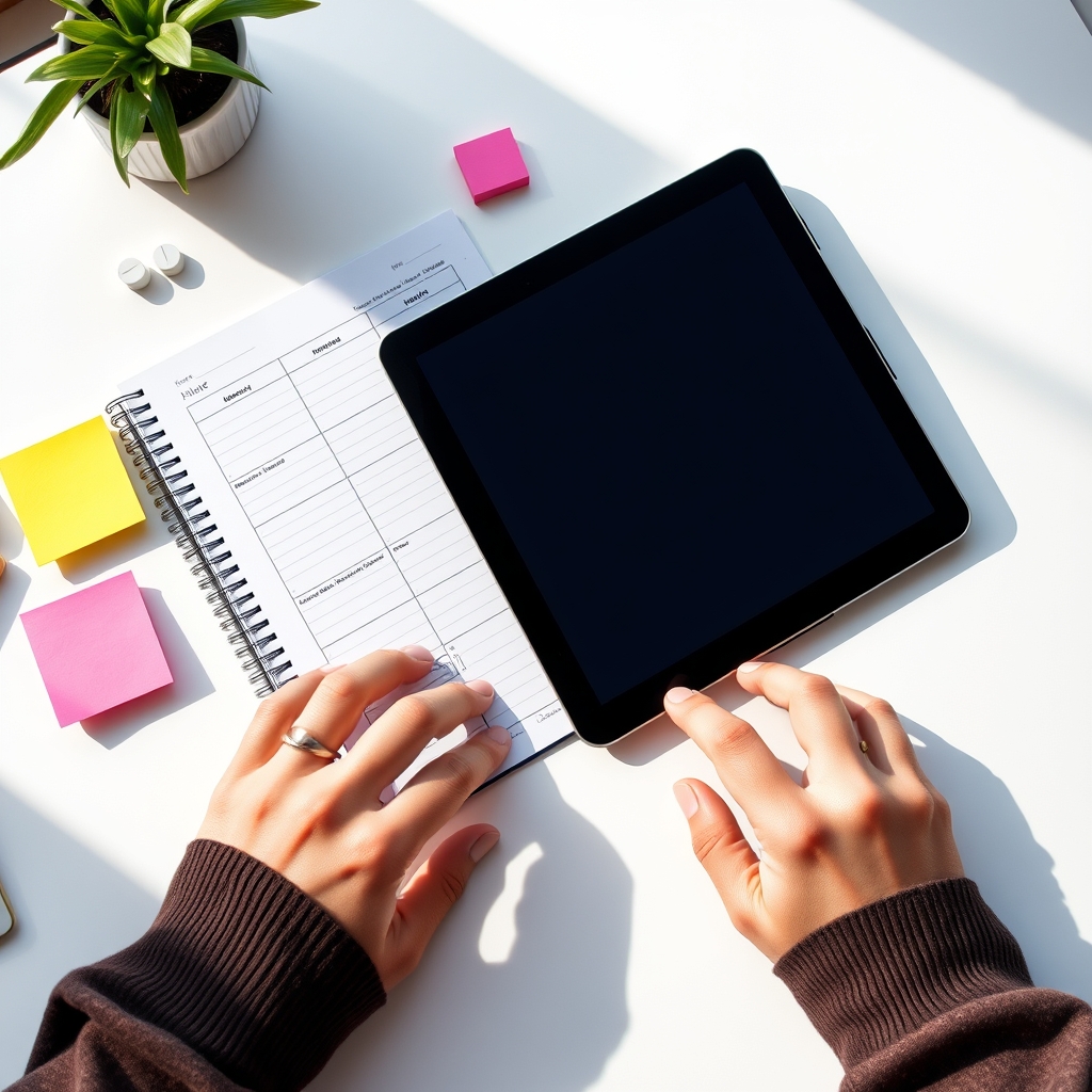 AI Studio V2 Pro social ad workflow result showing a tablet and planner scene for a productivity app campaign