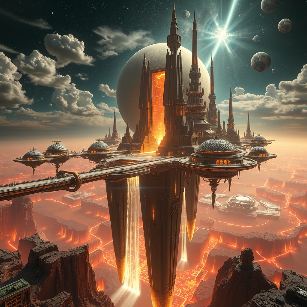 Generated cosmic architect floating citadel above lava canyons and planets