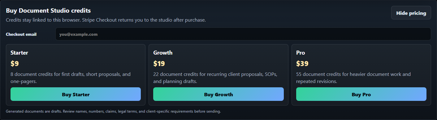 Document Studio Buy Credits drawer with Starter, Growth, and Pro credit packs