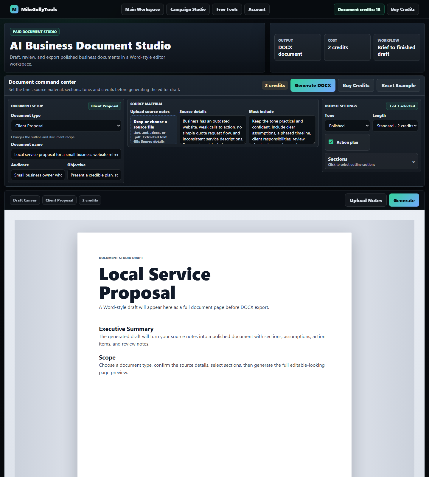 AI Business Document Studio workspace with compact command center, document type dropdown, source upload, source details, sections dropdown, credits, and Word-style document canvas