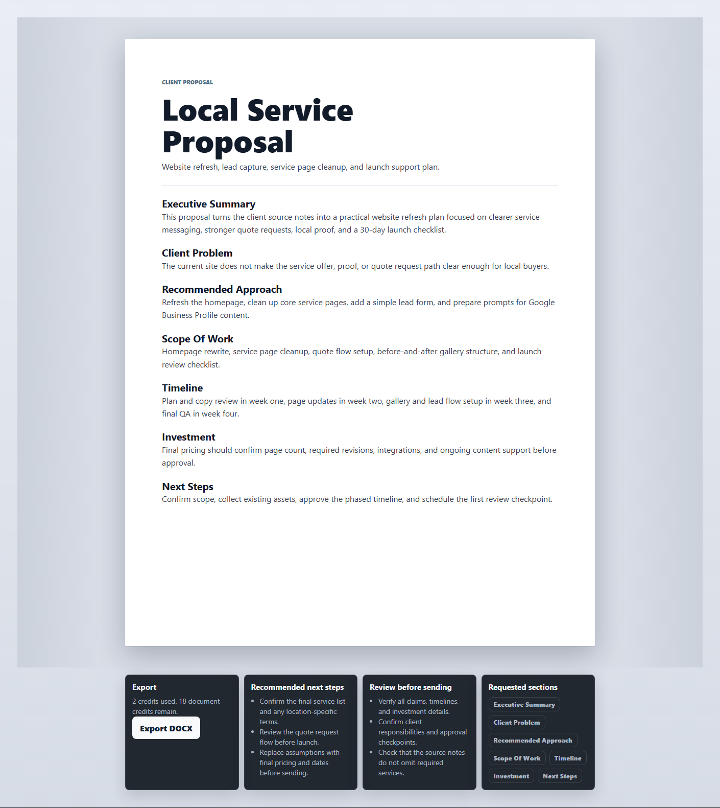 Document Studio generated Word-style draft with centered review cards and Export DOCX button visible