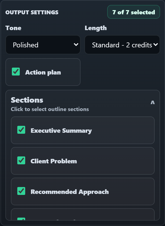 Document Studio Output settings card with the sections dropdown open and Action plan selected