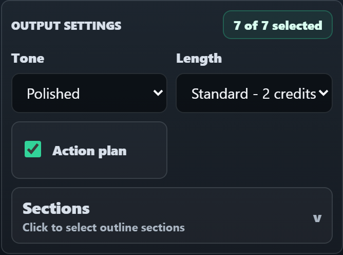 Document Studio Output settings card with tone, length, action plan, and sections dropdown controls