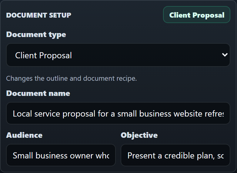 Document Studio document setup card with a document type dropdown, document name, audience, and objective fields