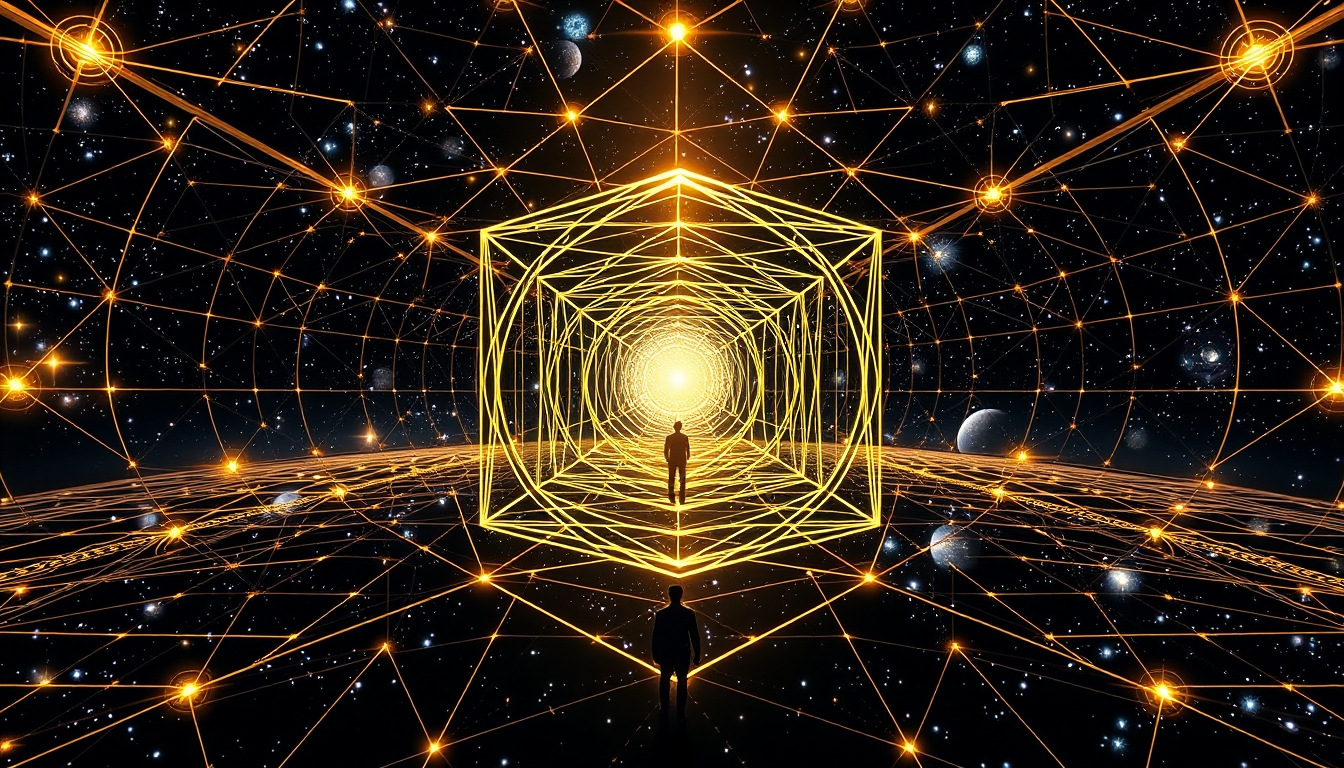 Generated Metatron's Cube sacred geometry panorama in gold across deep space