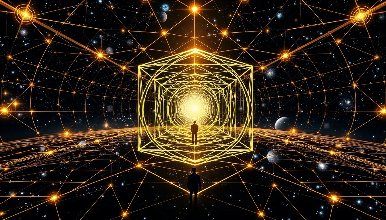 Golden Metatron's Cube sacred geometry across deep space with silhouetted figures