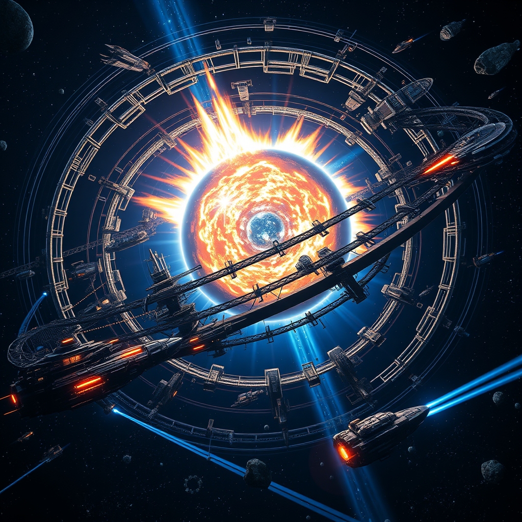 Generated Dyson Sphere under construction around a star with spacecraft and orbital rings