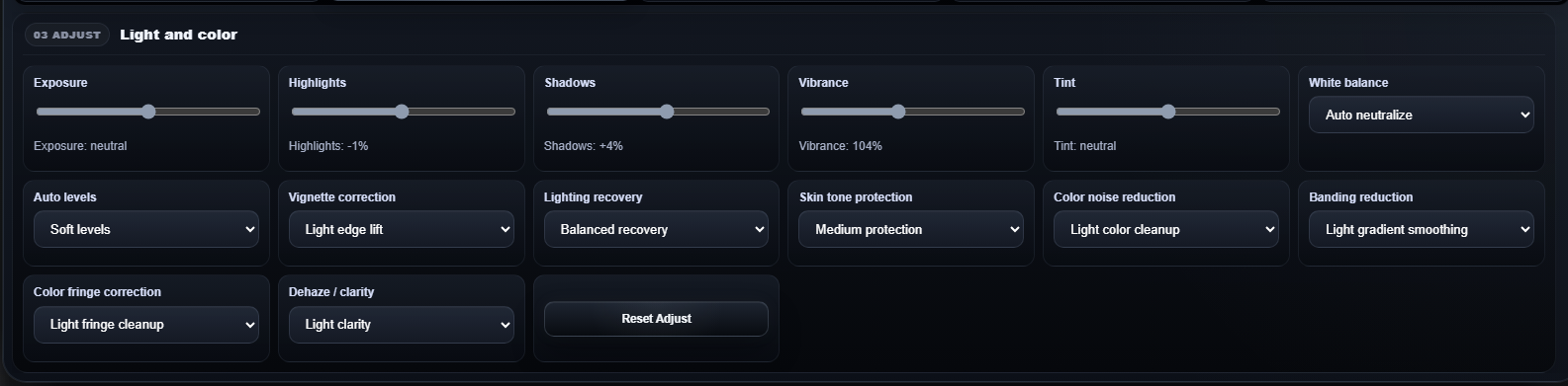 Photo Editing Station Adjust tab with exposure, highlights, shadows, vibrance, tint, white balance, auto levels, vignette correction, lighting recovery, skin tone protection, color noise reduction, banding reduction, color fringe correction, and dehaze controls