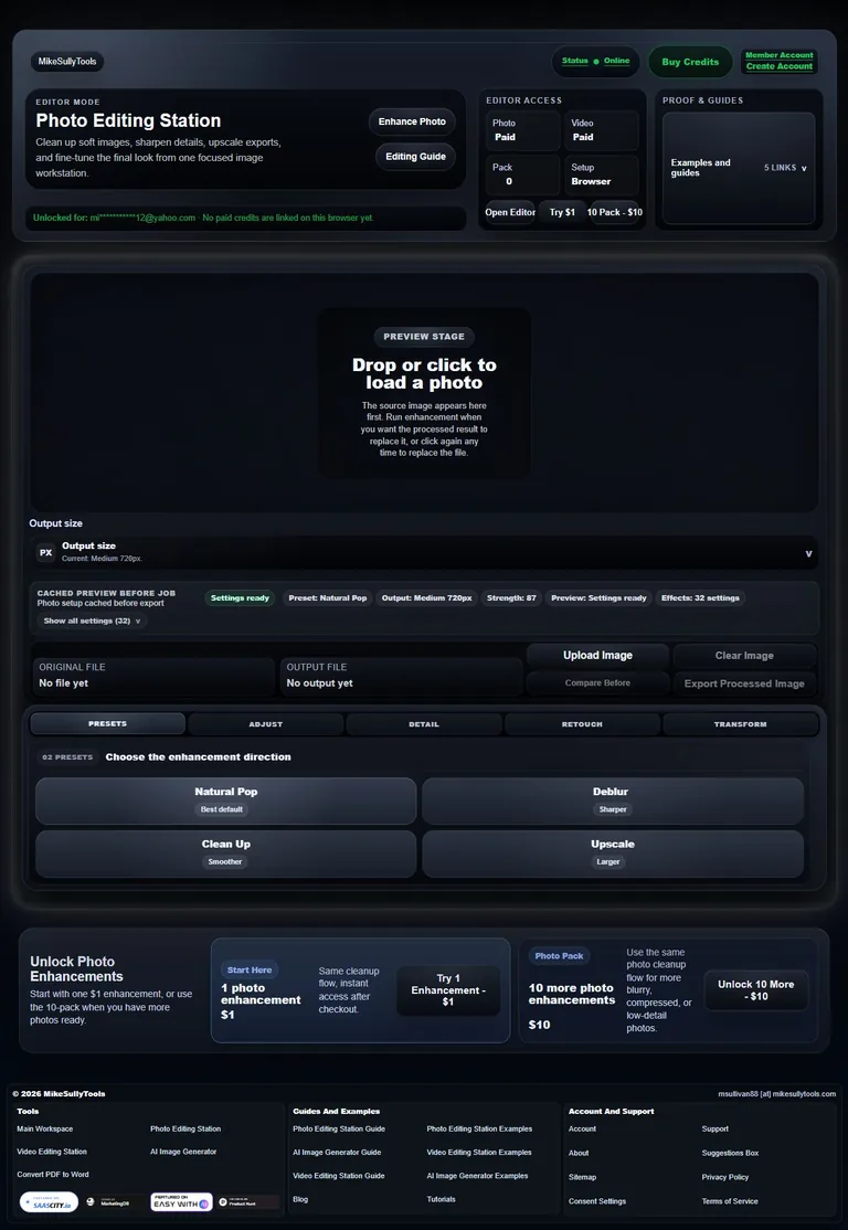 Current MikeSullyTools AI Photo Studio empty-state layout with editor access panels, preview stage, output size, cached preview before job strip, file rows, tabbed preset controls, photo pricing cards, and footer links