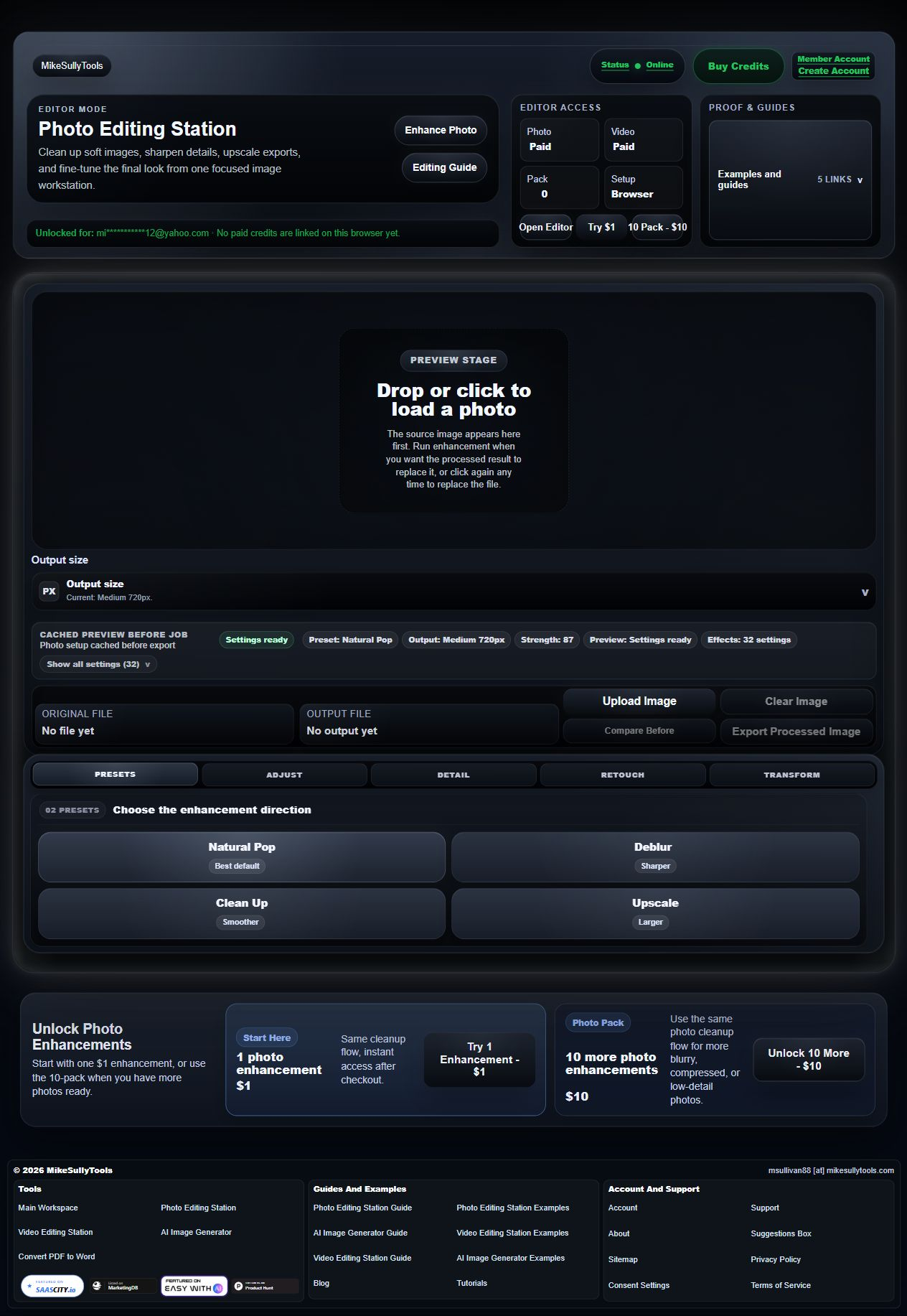 Current MikeSullyTools Photo Editing Station empty-state layout with editor access panels, preview stage, output size, cached preview before job strip, file rows, tabbed preset controls, photo pricing cards, and footer links